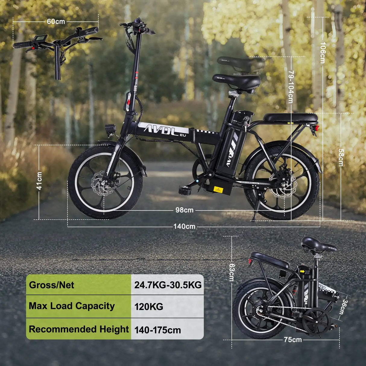 AVDLEU Foldable Electric Bike 16 - 250W-25km/h, 11.4Ah/36V Removable Battery, 40-70km (ASSIST Mode), Urban Bike