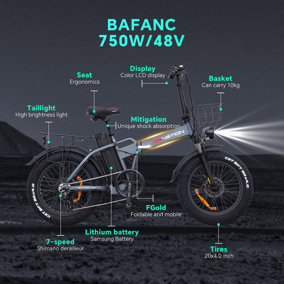 DrVetion At20 Black-Gray Electric Fat Bike 48V 750W up to 45km/h with 10AH/15AH/20AH Motor Options