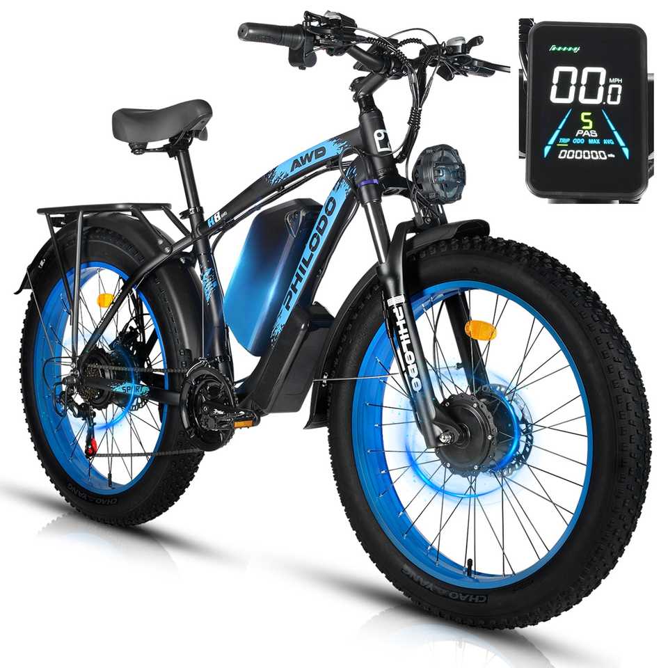 (UK Stock)PHILODO H8 Electric Bike for Adults, 48V 26Ah Fat Tire Ebike Dual Motor AWD 2000W 35MPH Electric Bicycles 21-Speed wit