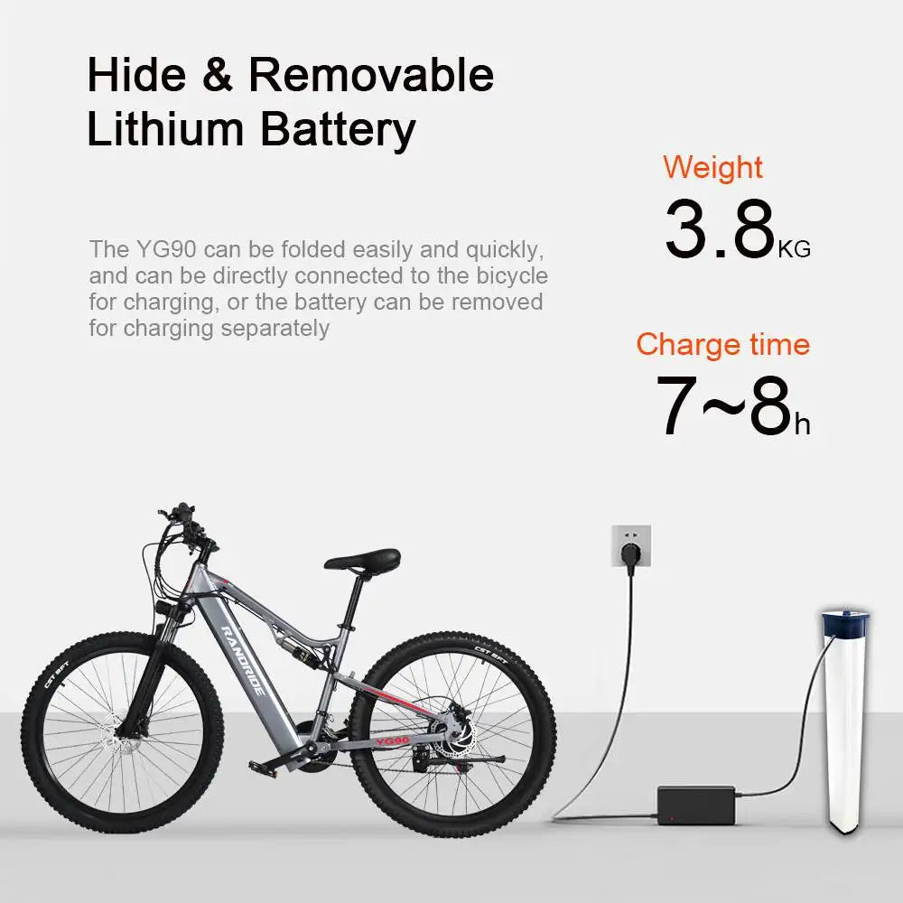 RANDRIDE YG90 Electric Mountain Bike SHIMANO Hydraulic Brake Full Suspension Gray Central Motor Integrated Battery 60km Range