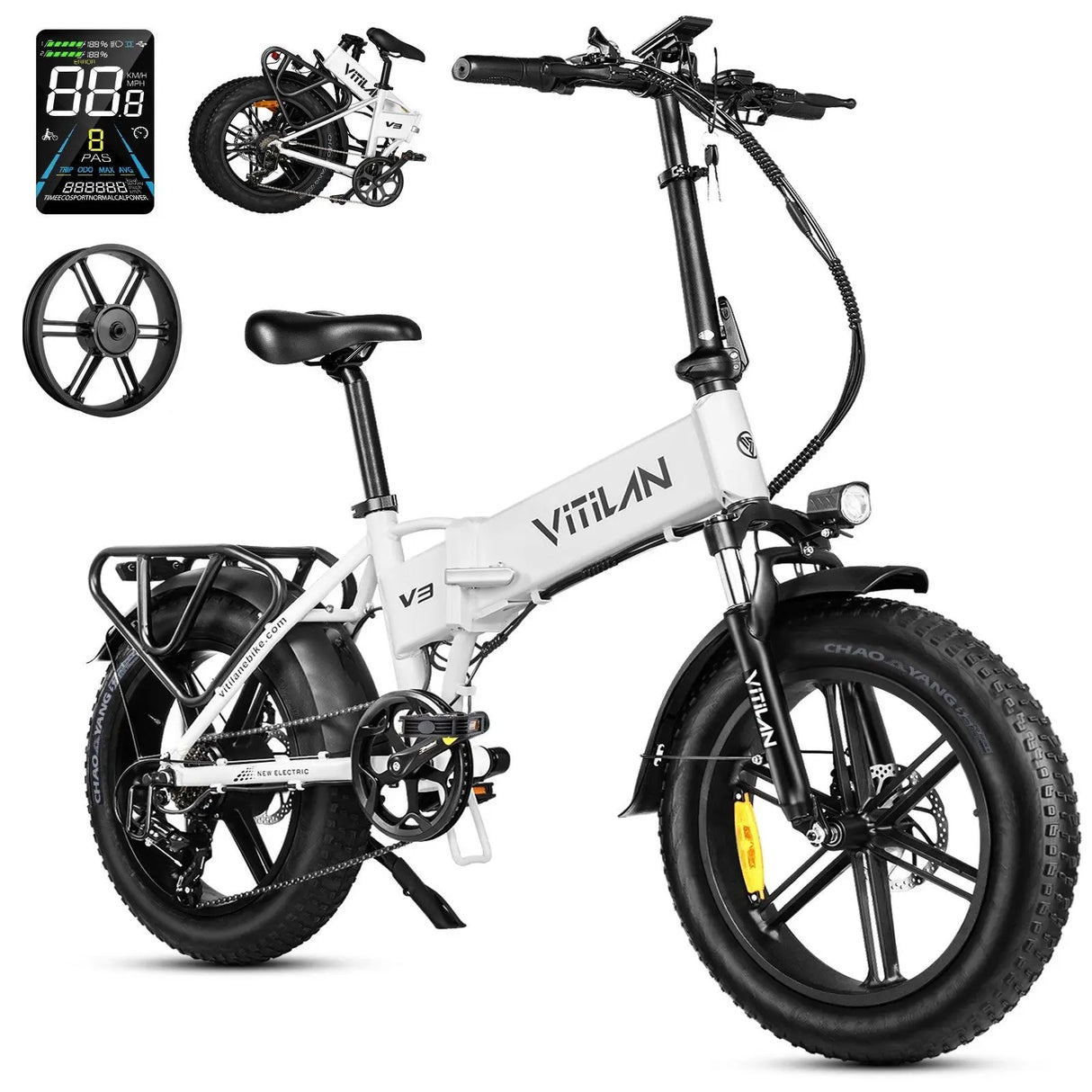 V3 Fully Suspended, Folding Electric Bicycle with Thick Tires Range 30+ Miles