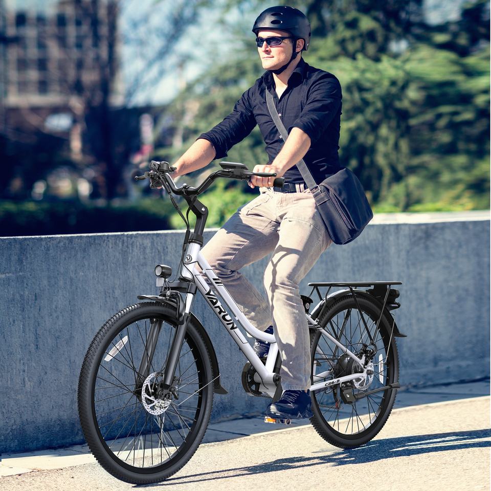 VARUN C26 White 500W 7-Speed Steel Carbon Electric Commuter Bike with 50-55km Range for City Use