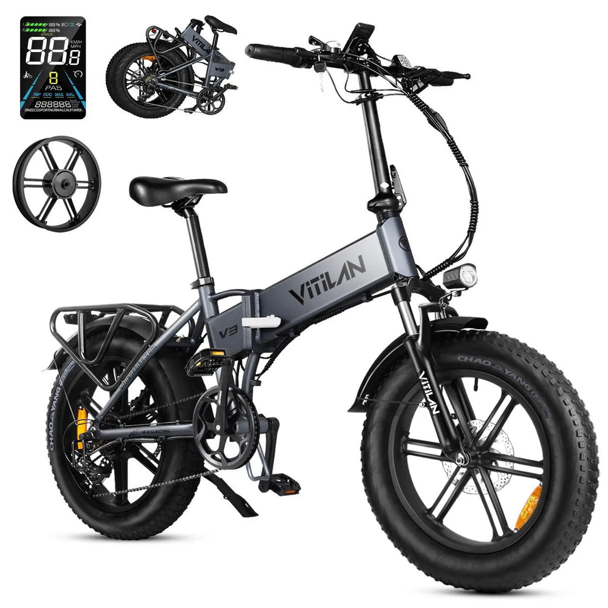 V3 Fully Suspended, Folding Electric Bicycle with Thick Tires Range 30+ Miles
