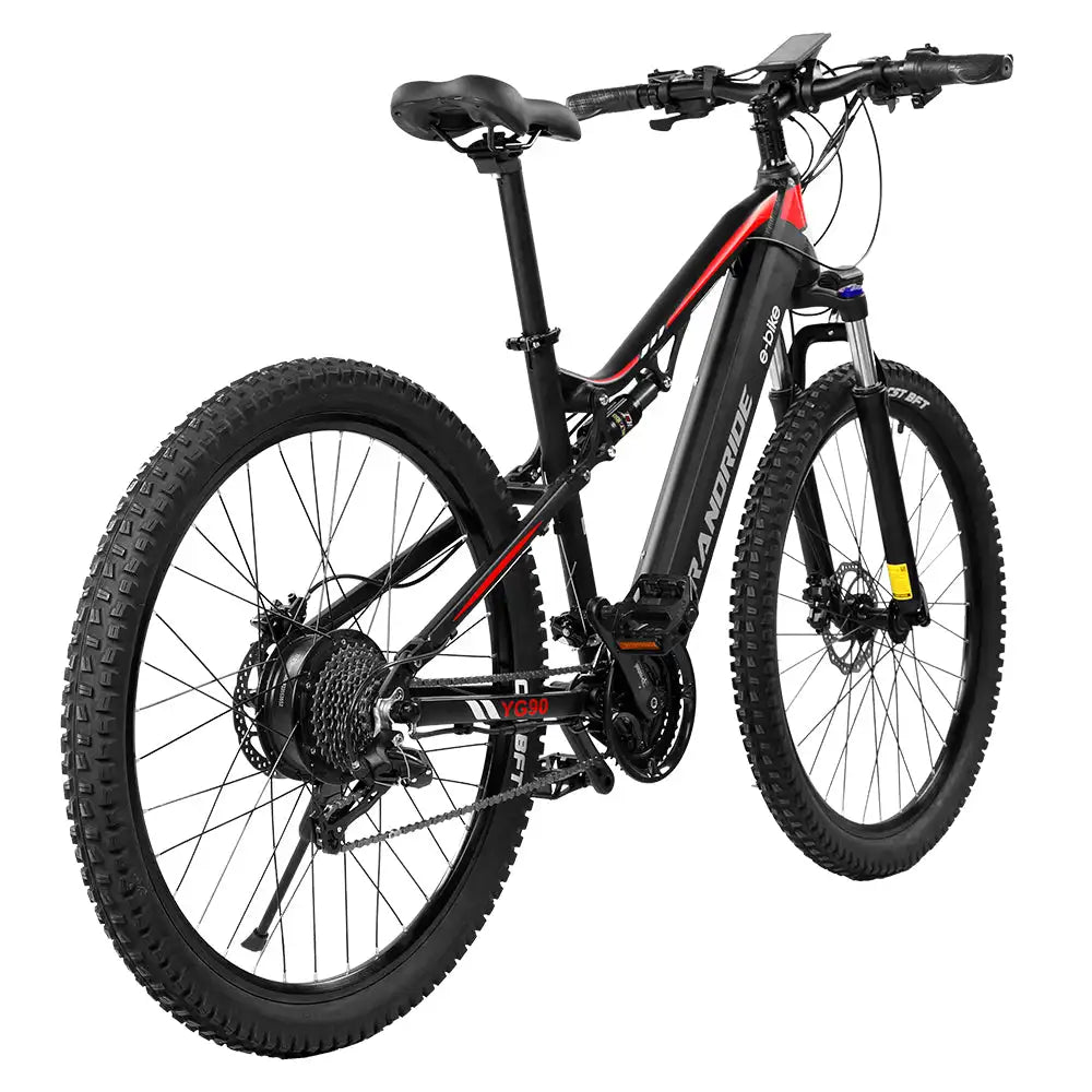 RANDRIDE YG90B – Schwarzes vollgefedertes E-Mountainbike mit 60 km Reichweite, hydraulischen Shimano-Bremsen, Aluminiumrahmen und Bafang-Rennrad