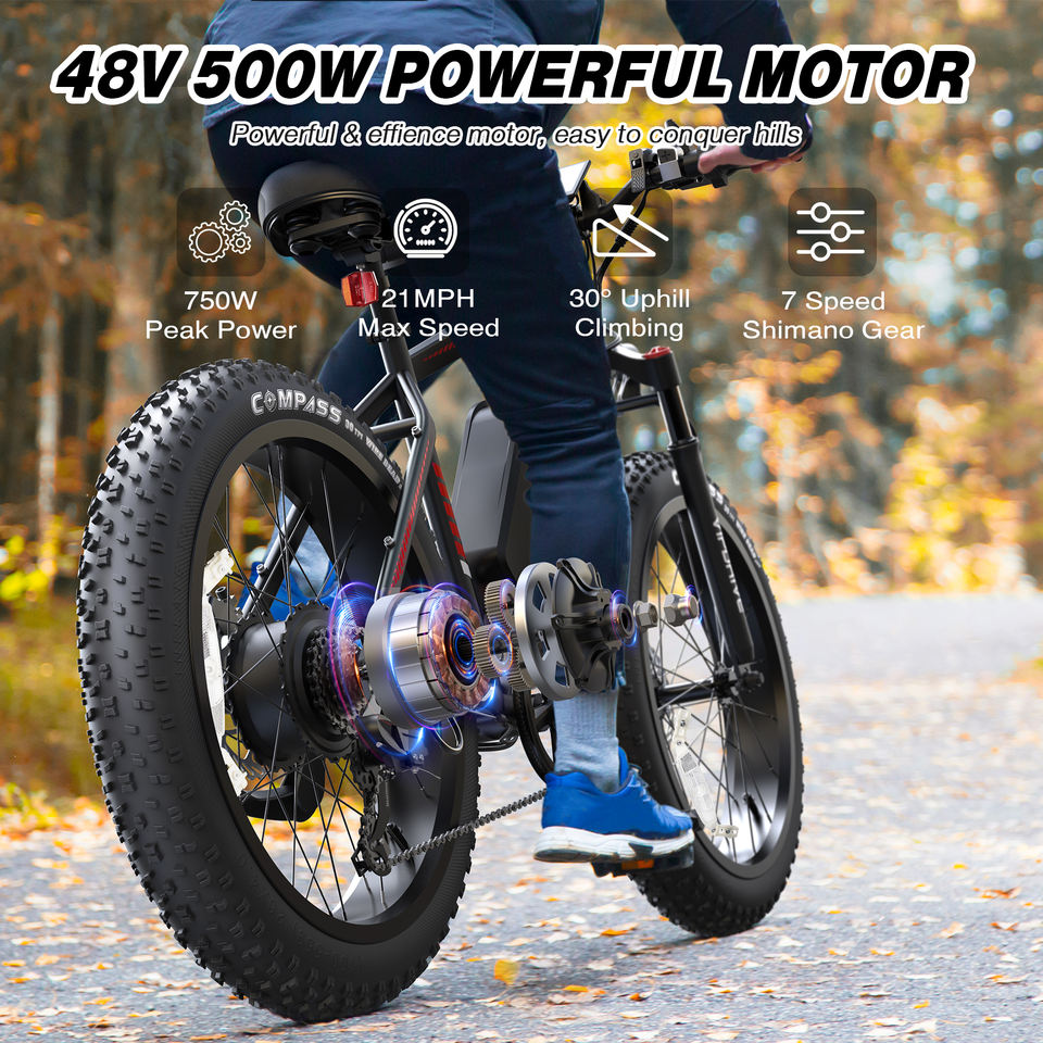 USA Stock 48V 13AH 500W 26 Inch Lithium Battery Fat Tire Mountain Electric Bicycle Multi Mode Long Range Sport Fast Ebike