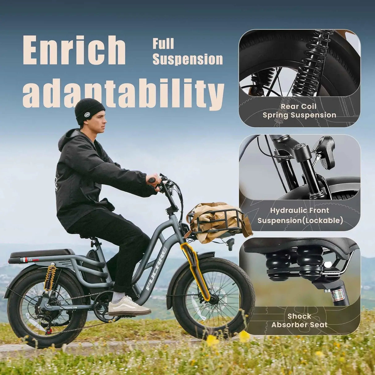 Fucare Libra US Stock 750W 400LBS Max Load Fat Tire Full Suspension E-Bike 48V 20Ah Lithium Battery Long Range Electric Bike