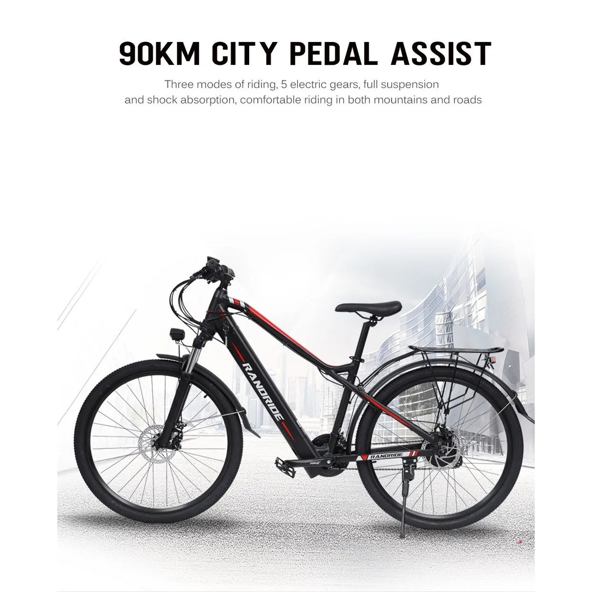 RANDRIDE Y90 Elektrofahrrad 500 W Motor 40 km/h Max. Geschwindigkeit 48 V 13.6 Ah Akku 90 km Max. Reichweite 27,5*1,95'' Reifen