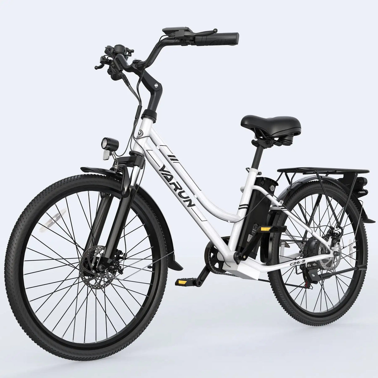 VARUN C26 White Commuter Electric Bike 250w Rear Hub Motor Integrated Lithium Battery Smart Electronic 50km Range Per 60km Max