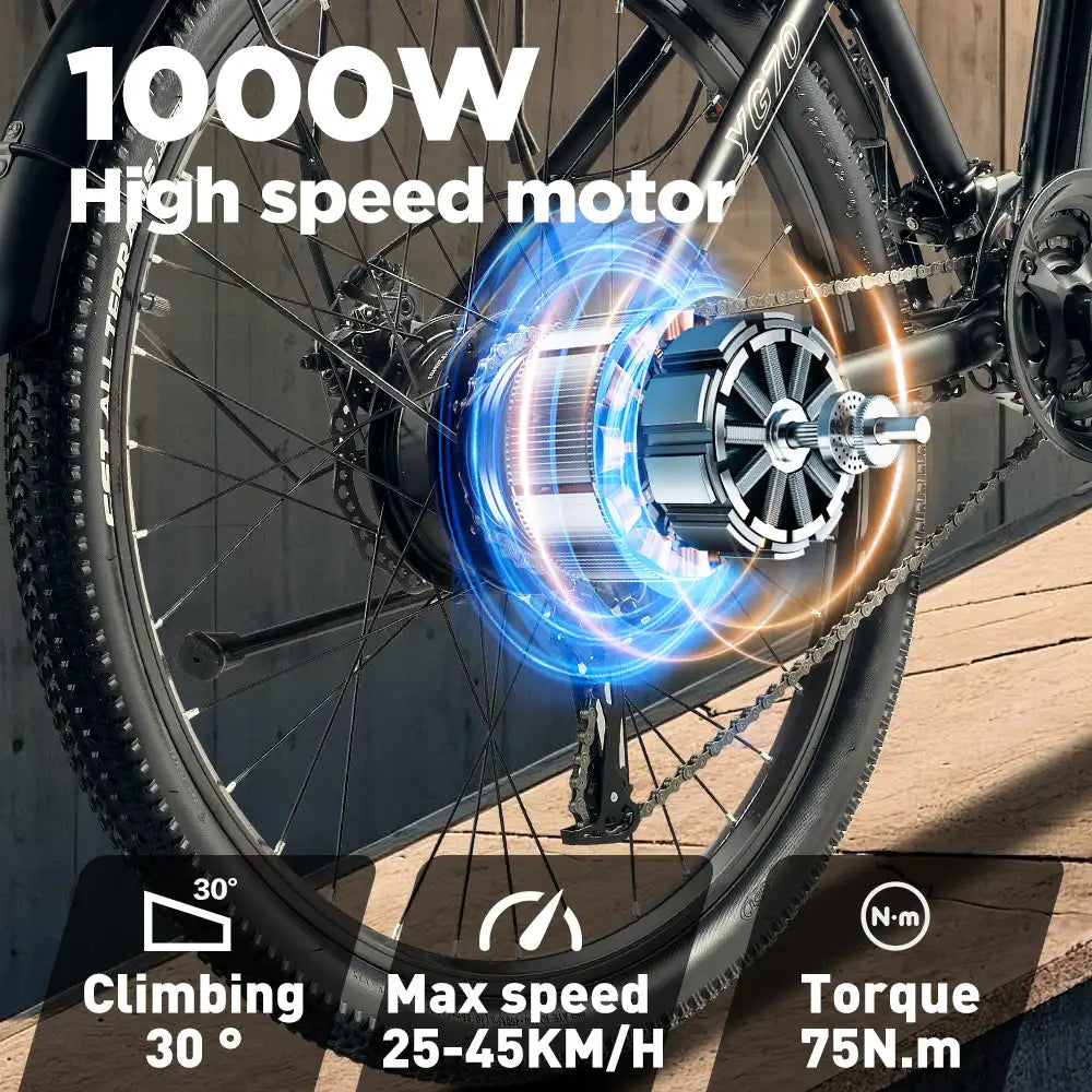 RANDRIDE YG70 Electric City Bike 27.5inch 48V 14Ah Front Suspension Rear Rack Central Motor 50km Range 15ah Battery Capacity