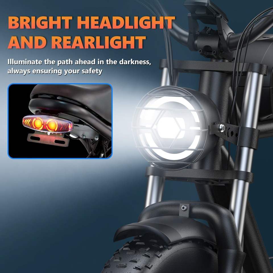 Aukk 48V 23Ah Electric Road Bike with 20*4.0 Inch Fat Tires Black Frame 150kg Capacity Range 70-120Km