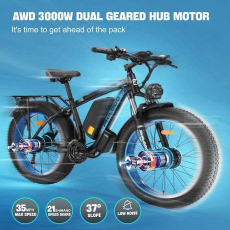 （UK Stock）PHILODO H8 Electric Bike for Adults, 48V 26Ah Fat Tire Ebike Dual Motor AWD 2000W 35MPH Electric Bicycles 21-Speed wit