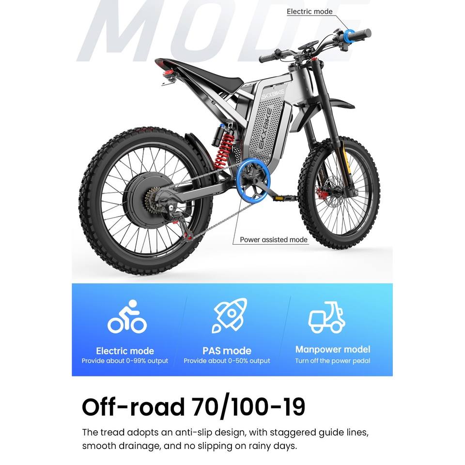 EKXBIKE X21 Max 3000W 60V 30AH Electric Mountain Bike 19*2 Zoll 85 km/h MTB-Reifen 90km Range Hydraulically-Loaded Shock