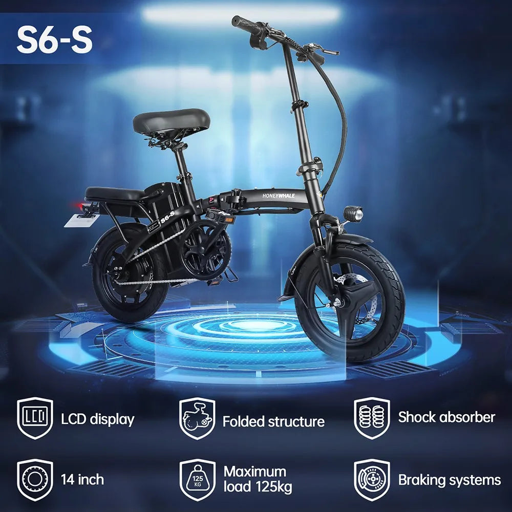 HONEY WHALE S6-S 14-Zoll-Elektrofahrrad 250W Motor 48V 10,4 Ah Batterie 25 km/h Vordere und mittlere Federung Dämpfung Doppels c